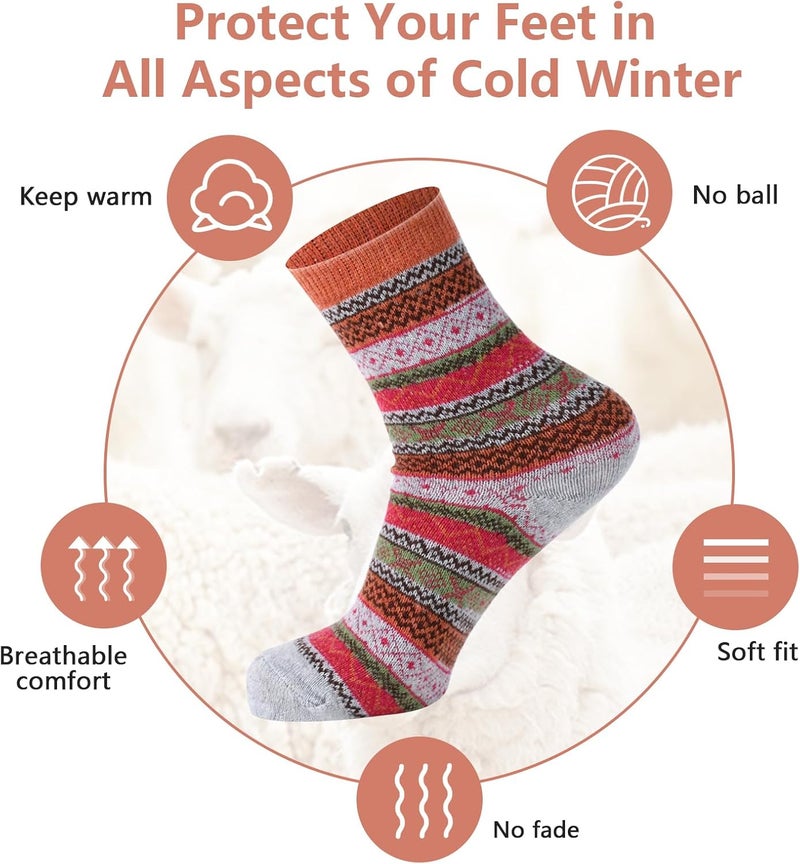Lisacool 5 Pairs Womens Wool Socks - Winter Warm Socks - Thick Thermal Knit Vintage Cozy Crew Soft Gifts for Women - Image 3